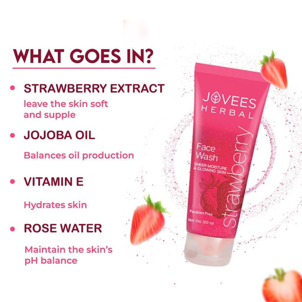 Jovees Herbal Strawberry Face Wash 50ml | Gentle Cleanser For Hydrating Glowing Skin | Brightens Complexion & Removes Pigmentation | For Normal Skin