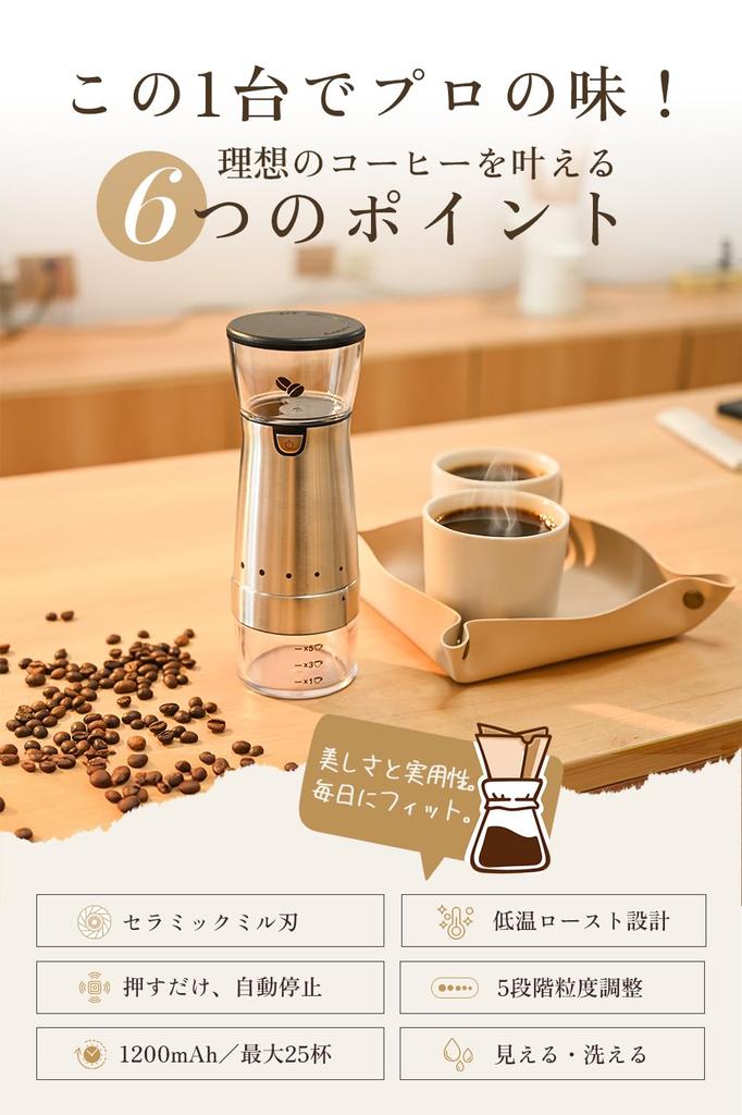 PACEIN Elektrische Kaffeemühle, Kabellos, Waschbar, 5 Mahlgradeinstellungen, Keramikmahlwerk, Niedertemperatur-Mahlwerk, Wiederaufladbar, Automatische Abschaltung,