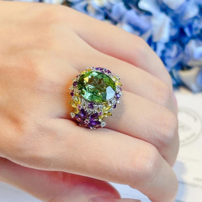 Net Celebrity Fresh Mint Green Gemstone Adjustable Ring - 18K Gold Plated, Romantic Small Niche Design