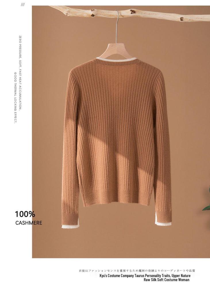 Women's 2026 Autumn/Winter V-Neck Faux Two-Piece 100% Pure Cashmere Sweater - Fashionable Button-Up Base Layer