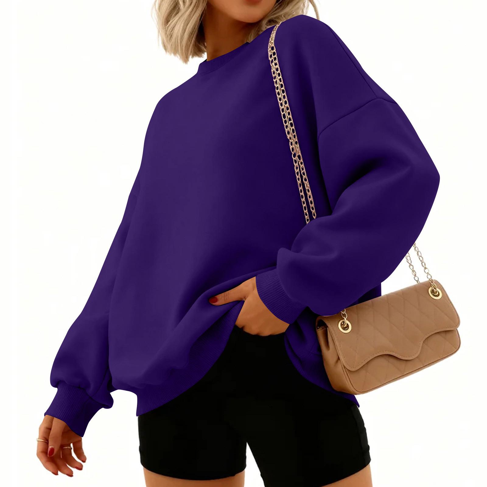 

Women s Fashion Long Sleeve Solid Color Round Neck Loose Pullover Sweater Top L темно-фіолетовий колір