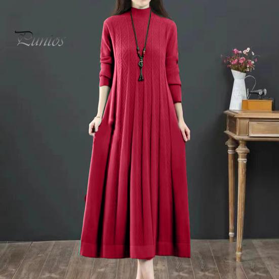 Winter Sweater Pleated Midi Dress Women Fall Knitted A-line Loose Hem Solid Color High Collar Autumn Neck Protection Thick Warm Long Sleeve