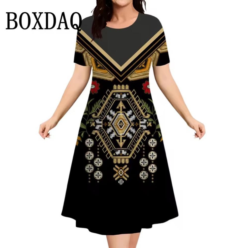 Vintage Elegant Ethnic Elements Flowers Printed Dress Big Size Women's Summer Short Sleeve O-Neck Casual Loose Dress Vestidos