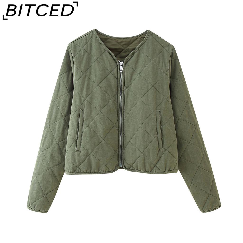 BITCED Women's Autumn/Winter Oversized Loose-Fit O-Neck Long-Sleeved Washed Cotton Diamond-Patterned Cotton Coat