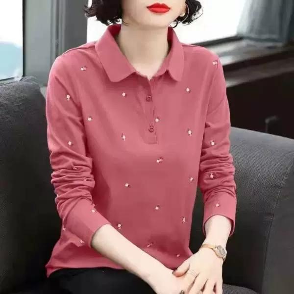 POLO Shirt Long Sleeved T-shirt Women's Loose Plus Size Mom Outfit Spring T-shirt Slimming Top Base Shirt