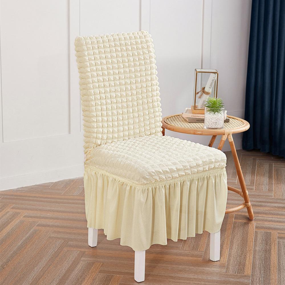 Thick 3D Bubble Gauze Chair Cover with Lace Hem Universal Stretch Elastic Dining Chair Slipcover