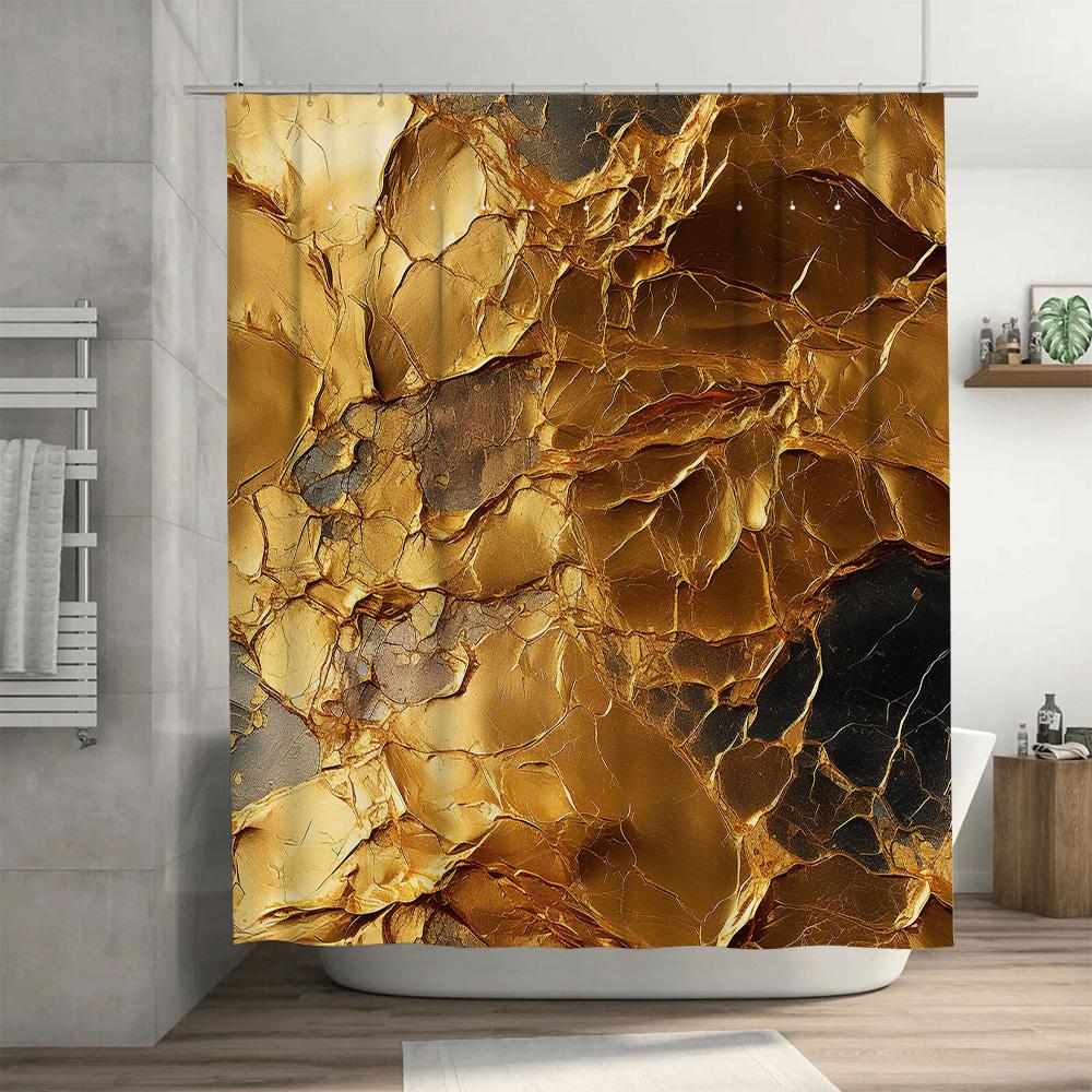 Gold Marble Shower Curtain Waterproof Bathroom Decor Luxury Bathtub Liner With Cracks Design Extra Long Size For Home Decoration