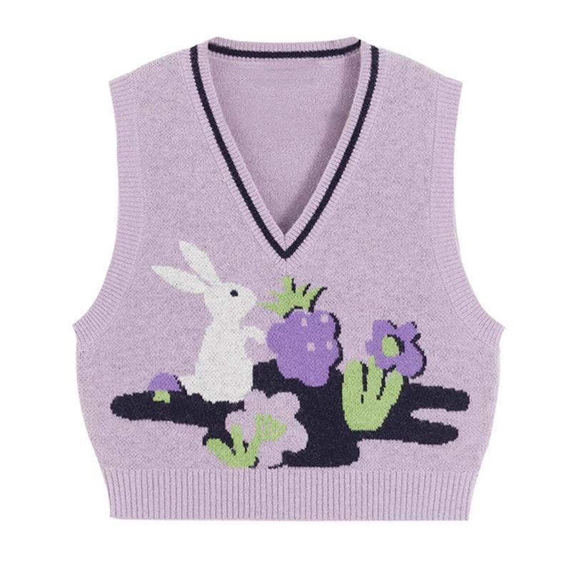

Женский свитер-жилет с кроличьим узором, без рукавов, многослойный, с V-образным вырезом, вязаный, осенняя мода, женский, оверсайз, свободный топ One size фиолетовый