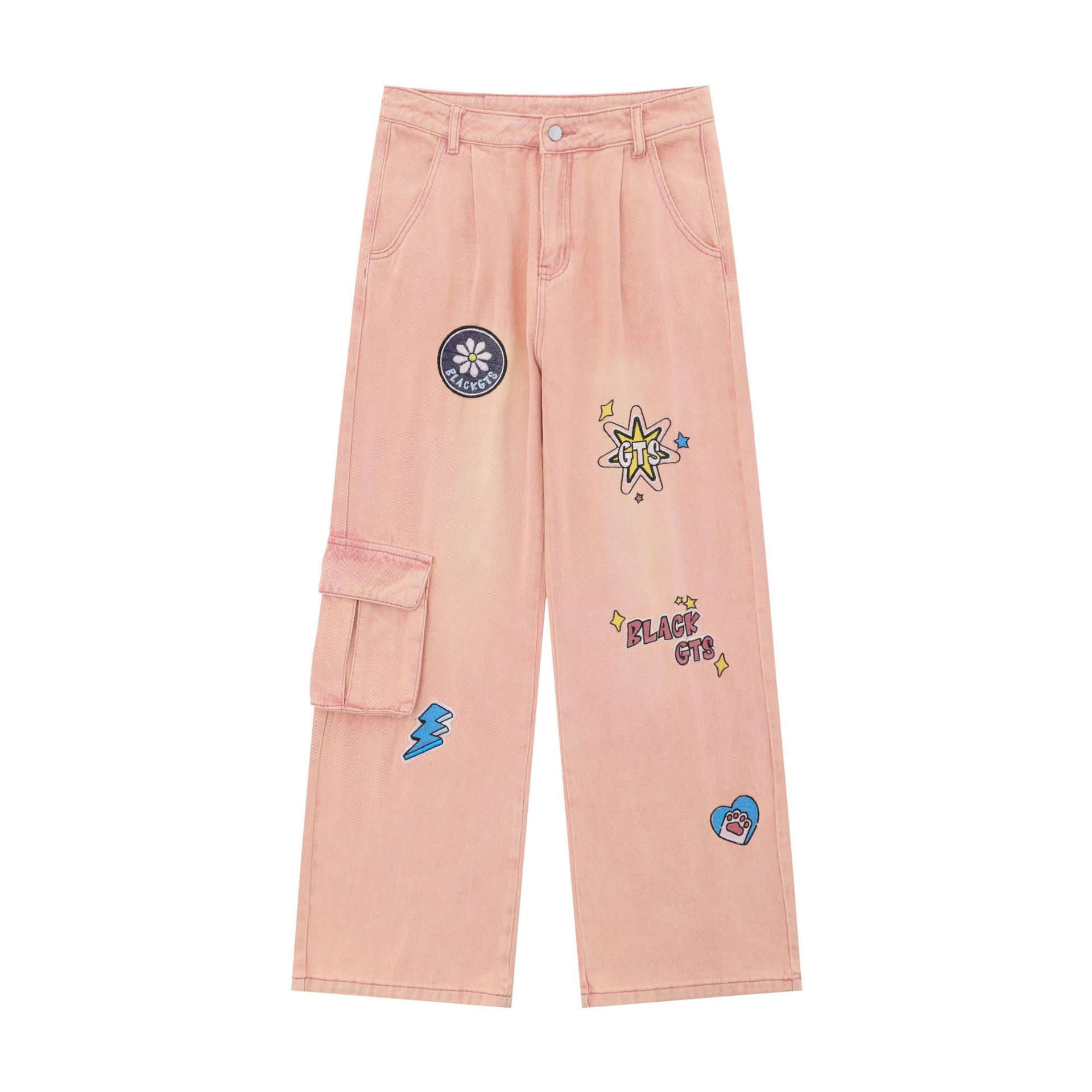 

Американский дизайн модные фирменные джинсы с граффити-принтом розовые джинсы прямые хлопковые джинсы женские L розовый