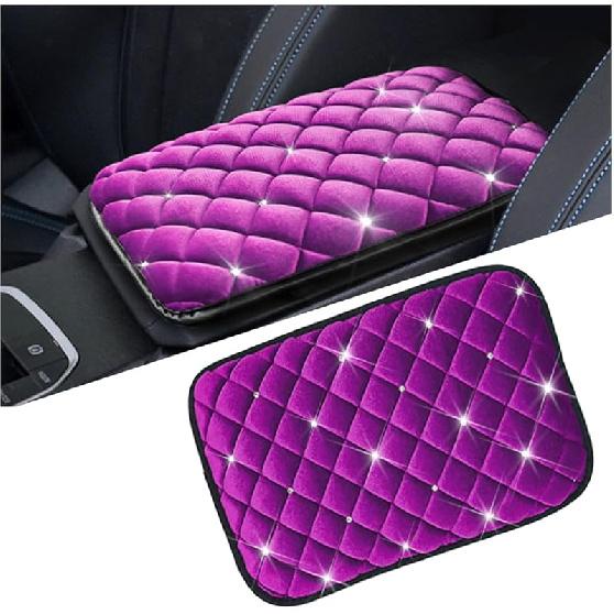 Mandark Bling Car Center Console Cover, Crystal Rhinestone Fluffy Automotive Armrest Seat Box Cushion Pad, Soft Comfortable Diamond Arm Rest