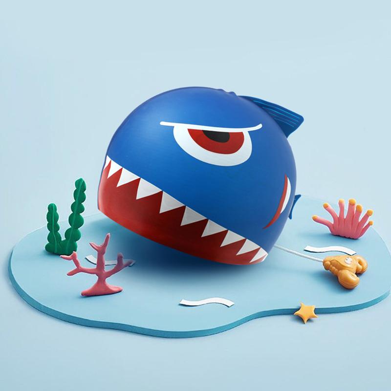 Niedliche Cartoon Fisch Dino Silikon Badekappe für Kinder Ohrenschutz Badehut für Jungen Mädchen Kinder Schwimmbadzubehör