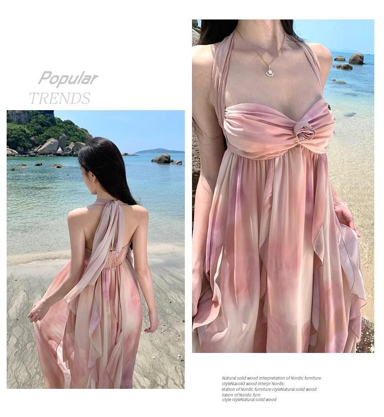 Elegantní šaty bez zad s volánky ve francouzském stylu na halterový krk pro ženy - Ideální na letní dovolenou u moře