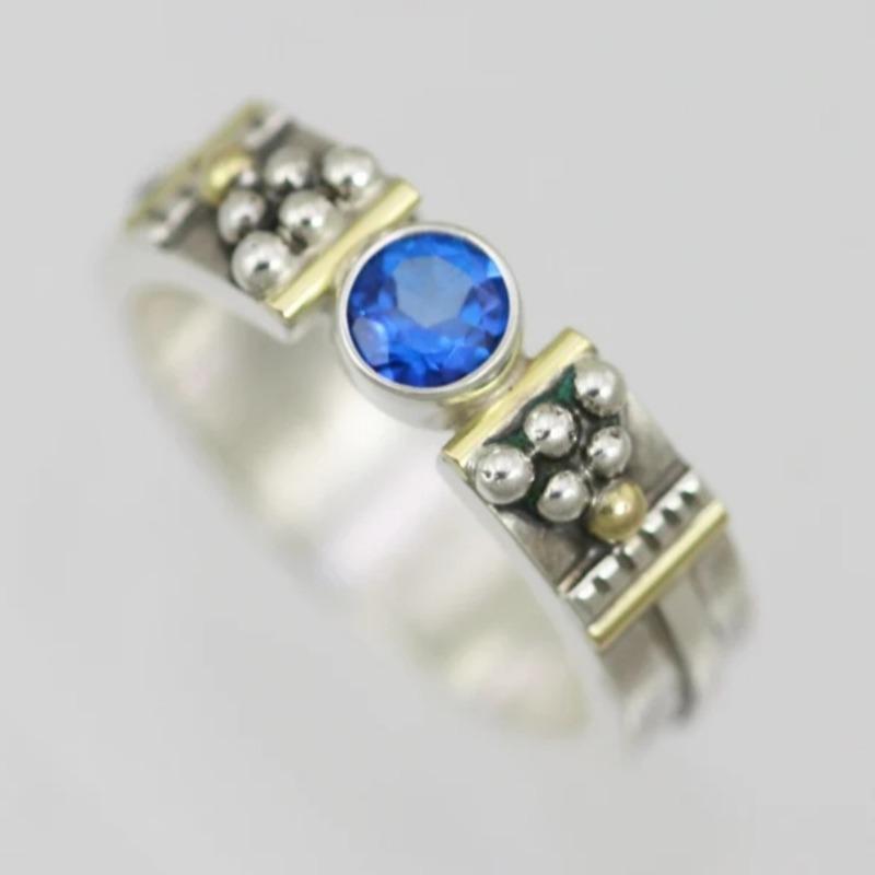 Vintage Inlaid Blue CZ Women's Ring Ethnic Two Color Geometry Daily Wear Party Jewelry Anniversary Gift