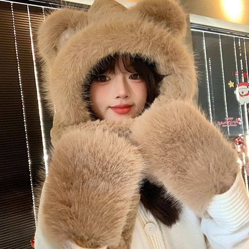 2025 Women's Cute Bear Hood: Winter Plush Hat, Scarf, Gloves Set