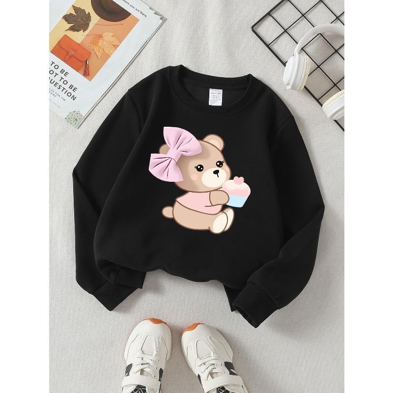 Girls' Long-sleeve Sweatshirt with Round Neck and Printed DesignCute Bear with Bow A Suitable for Spring and Autumn, Fashionable and Casual