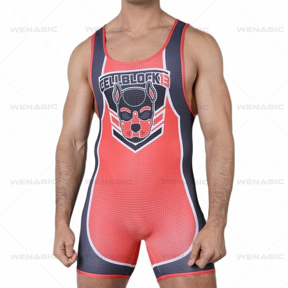 Men's one-piece wrestling suit, nylon breathable waist protection yoga fitness suit, sports cycling training suit