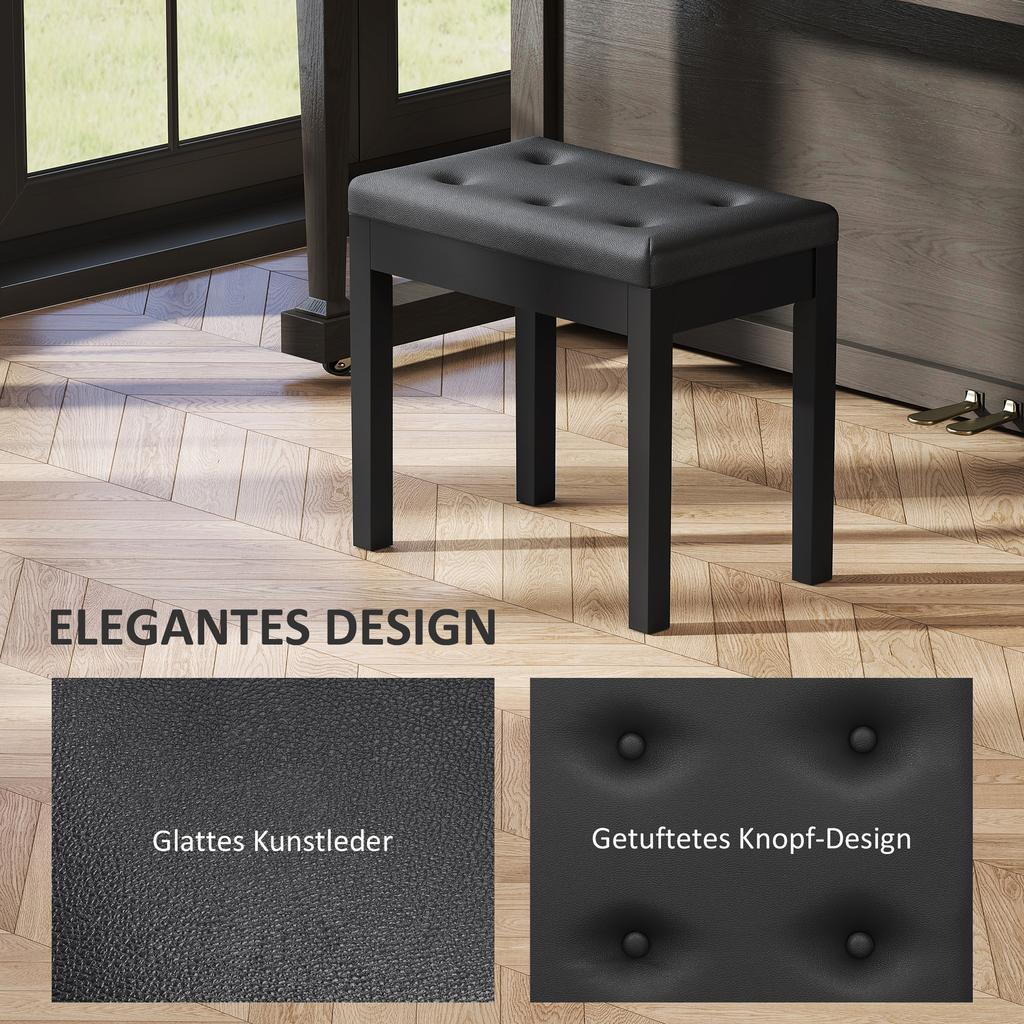 Piano Bench Artificial Leather Upholstery Quilted Buttons Storage Space Wooden Legs Black