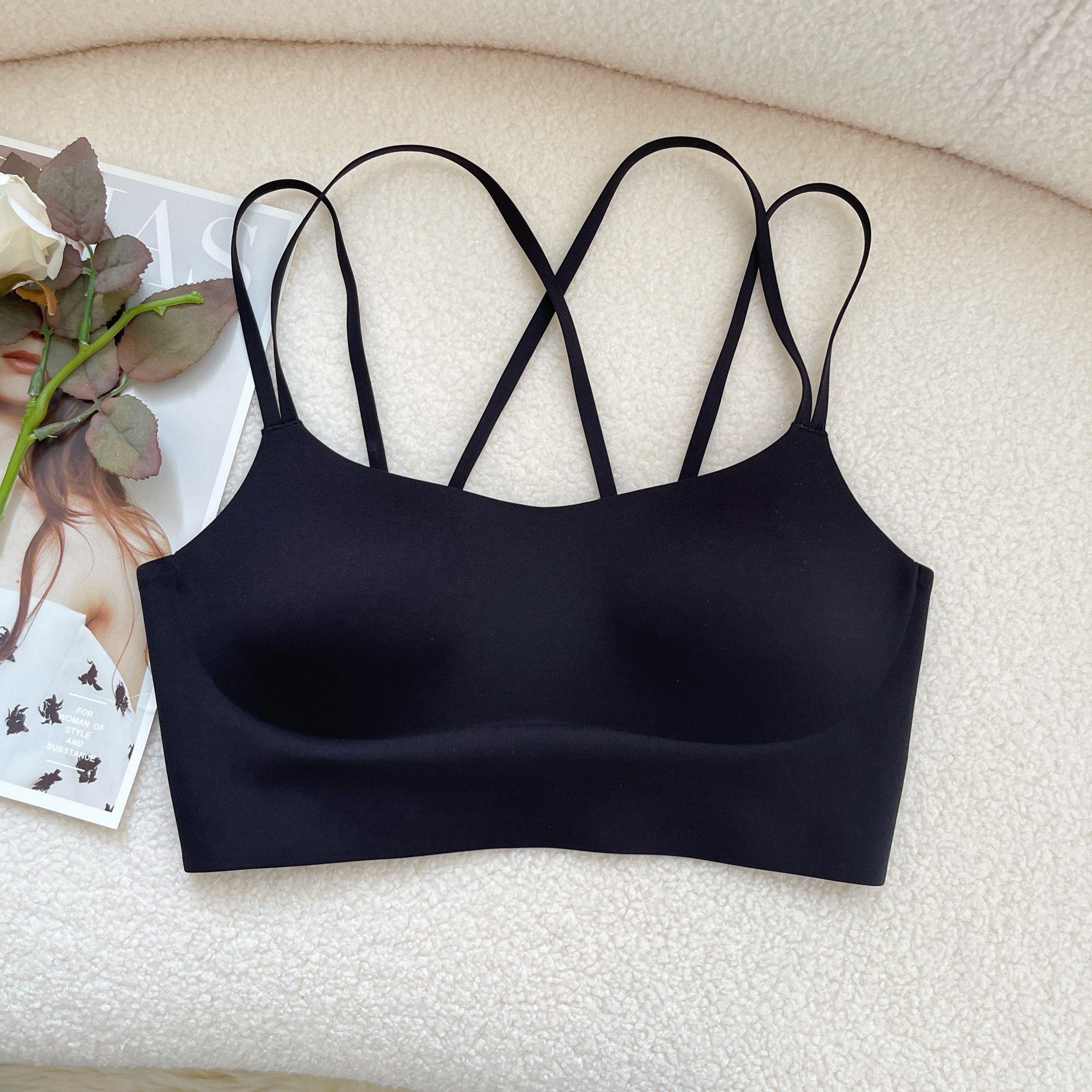 

Легкий цельнокроеный бюстгальтер бесшовный ультратонкий без спинки с перекрестными бретелями с подкладкой йога спортивная майка нижнее белье M