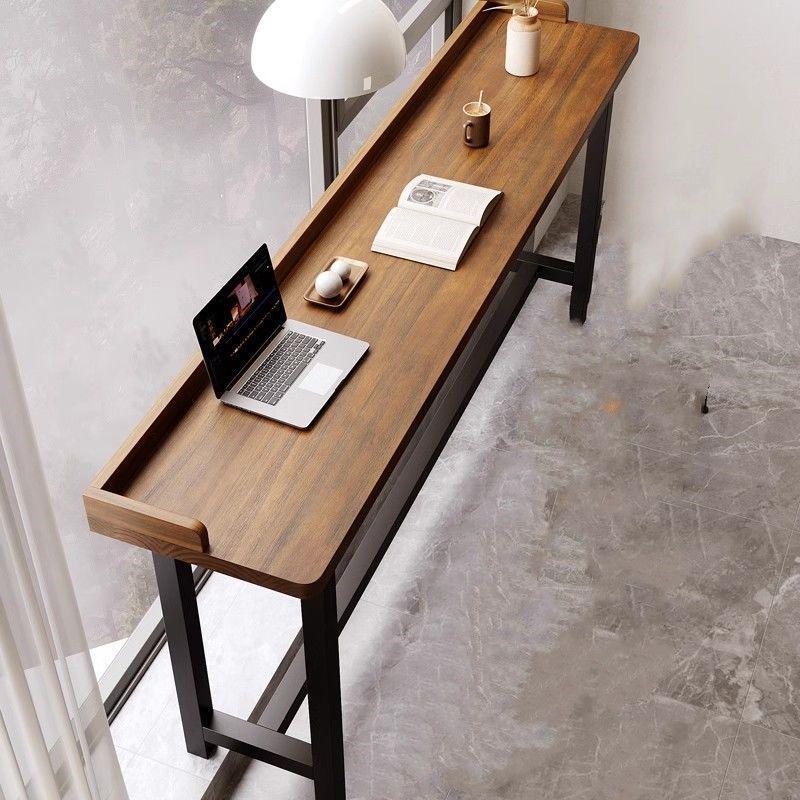 Solid Wood Balcony Bar Table with High-Low Legs and Wall-Leaning Design, Perfect for Window-Side Use, with High Table and Chairs.