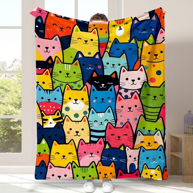 Geometric Multicolor Cat Simple Cartoon Throw Blanket,Soft Bed,Couch Layer,Birthday Anniversary Cute Minimalist Comfort Gesture