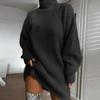 Autumn Winter Women's Solid Color Loose Knitted Sweater Dress Women Long Sleeve Turtleneck Pullover Knit Dress