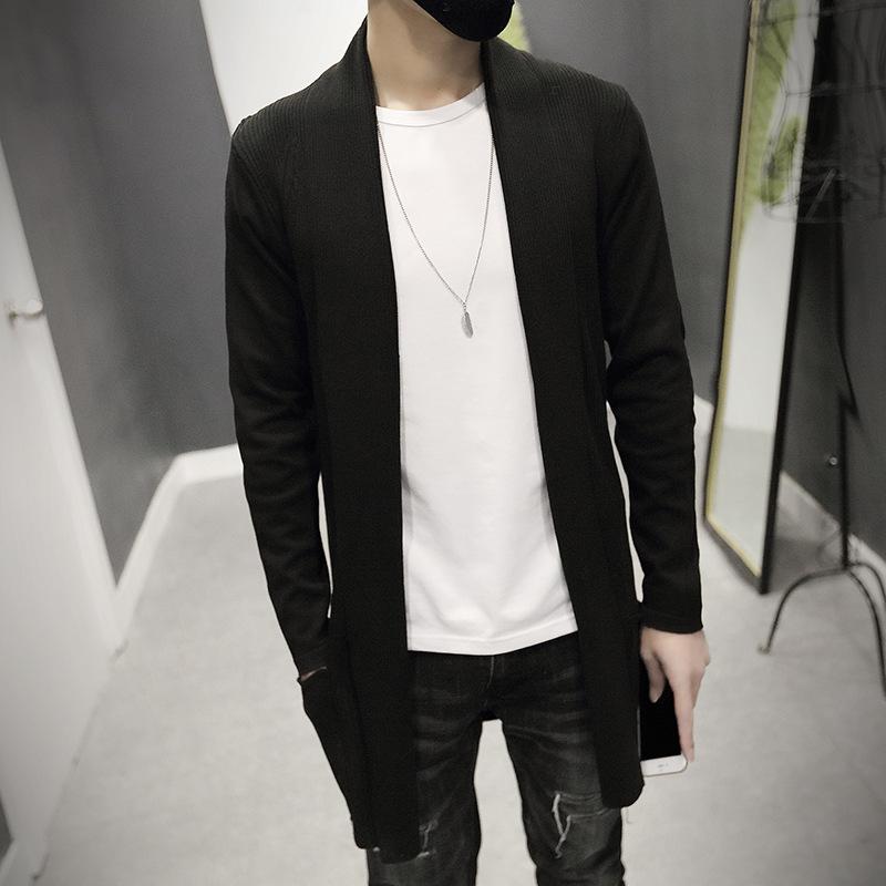 Мужская куртка-кардиган, длинное вязаное пальто, кардиган, пальто, однотонный свитер, пальто, вязаная куртка M чёрный