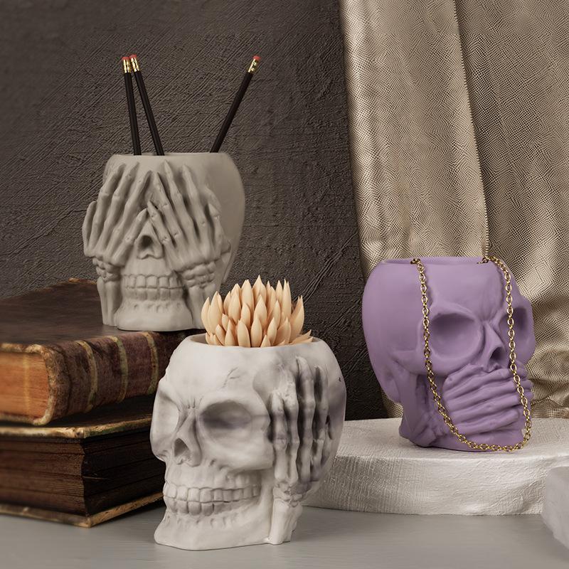 Skull Resin Gypsum Mold DIY Halloween Ear Covering Eye Covering Mouth Skull Flower Pot Storage Box Mold Casting Holiday Gifts