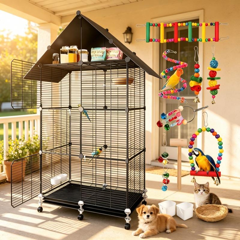 Wholesale Space Saving Wire Bird Cage Toys Bird Cage Tree Bird Cage Wire Bird Cage Wire Mesh Bird Cage Wire Panels Bird Cage (Black,74*37*152cm)