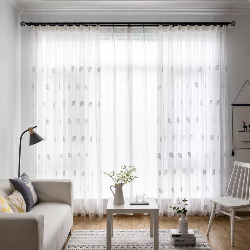 Nordic Style Leaf Embroidery Curtain Window Screen White Yarn Half Blackout Curtain Bedroom Curtain Balcony Yarn