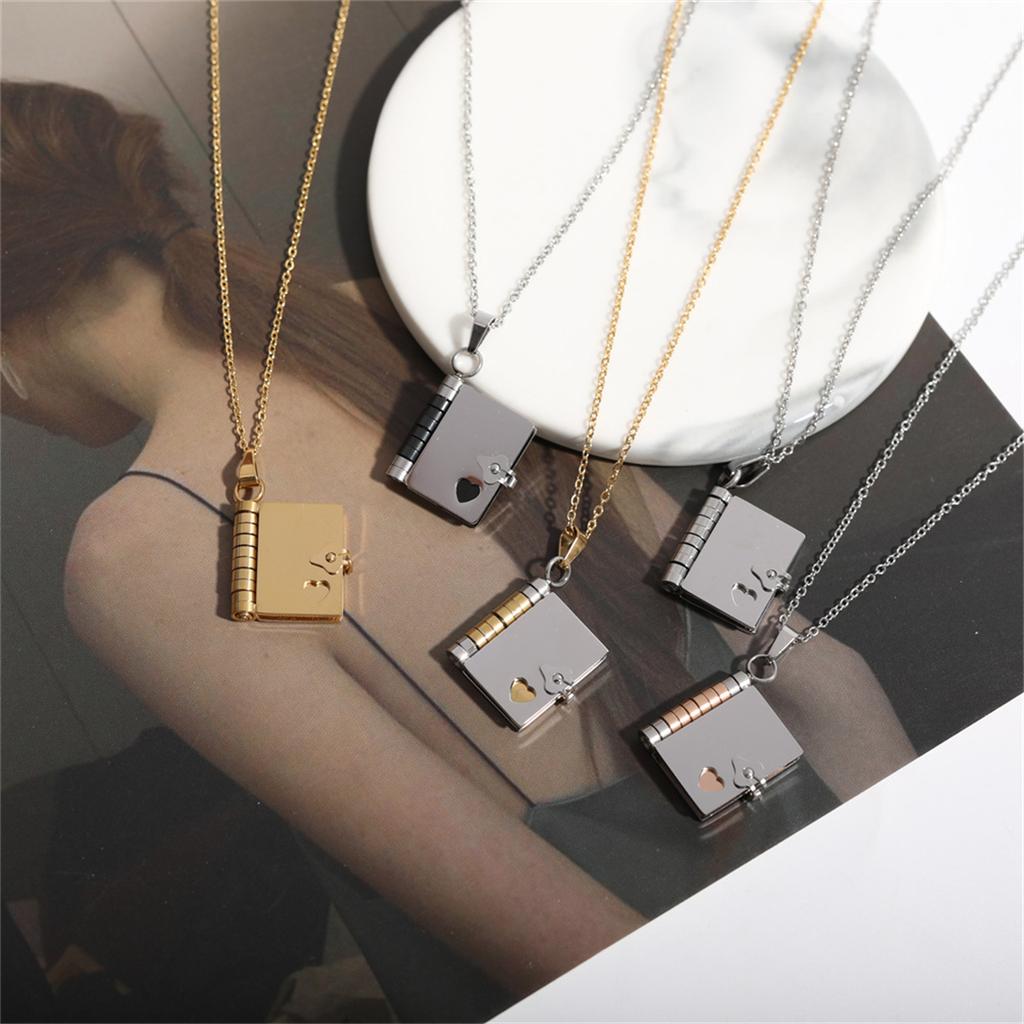 Stainless Steel Couple Book Pendant Necklace with Personalized Ins Titanium Steel Heart Opening and Closing Book Sweater Chain