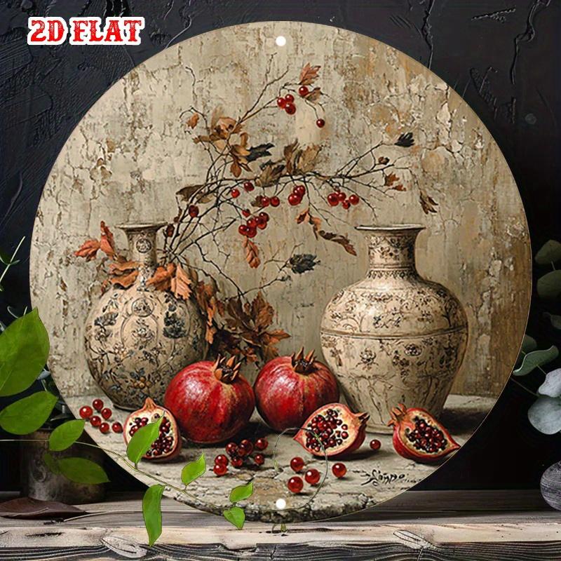 D Flat pc Vintage Still Life Metal Wall Art OldSchool Round Plate with Pomegranates Cherries More Aluminum Poster fo