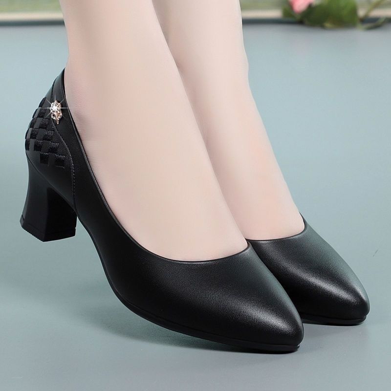 Work Shoes Single Order Shoes Women's Leather Shoes Pointed Toe Thick Heel Versatile Shallow Mouth Women's Shoes