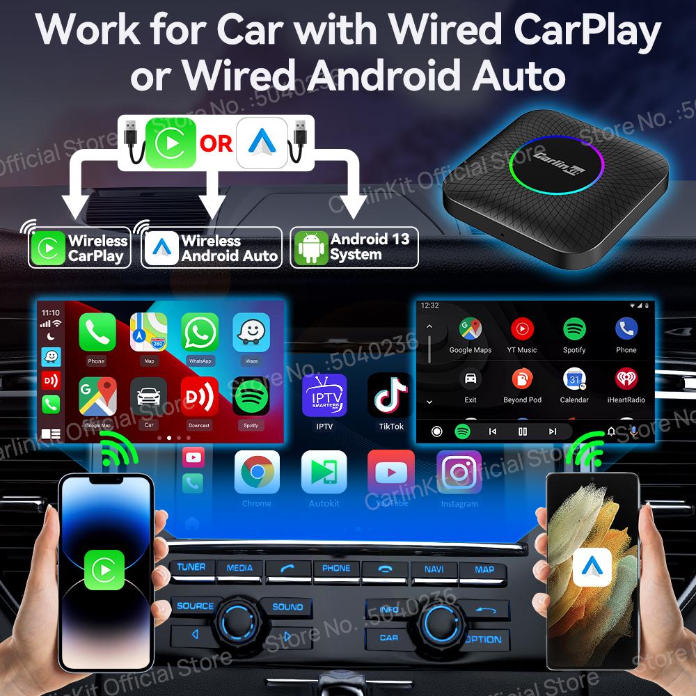 AWQ1 2025 CarlinKit CarPlay AI Box Android 13.0 SM6225 QCM6125 Android Auto Wireless CarPlay Adapter 2.4+5GGPS 64G 128G FOTA Upgrade