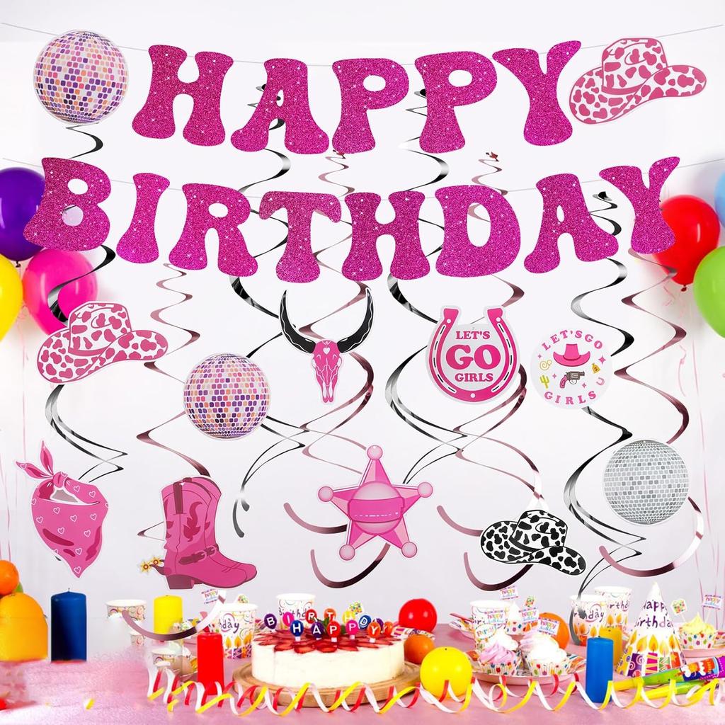 Western Cowgirl Party Hanging Decorations, Disco Birthday Party Decor Supplies - Hot Pink Happy Birthday Banner, Hanging Swirls for Bachelorette