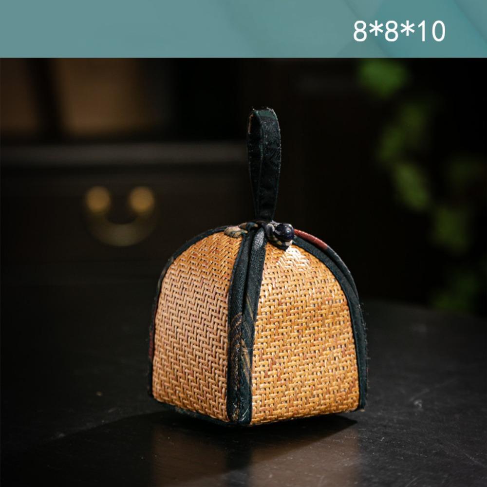 Handmade Spliced Drawstring Pocket with Handle Teapot Bag Rattan Pattern Storage Bag  For Small Cup