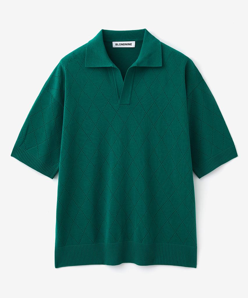 BLOND9 Cotton Diamond Open Collar Short Sleeve Knit_Green