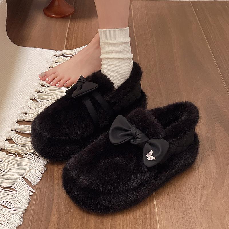 Retro thick-soled inner height-increasing girls' fluffy shoes, autumn and winter outer wear, velvet single shoes, warm snow cotton shoes, Doudou shoes