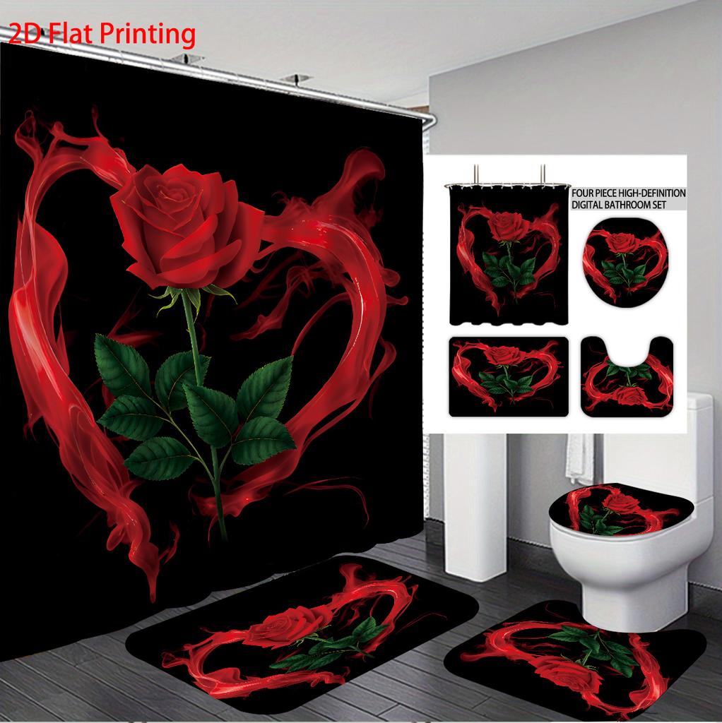 4pcs Valentine's Day Rose Print Bathroom Set 180x180 Waterproof Shower Curtain with 12 Hook, Floor Mat, Toilet Mat, U-shaped Mat