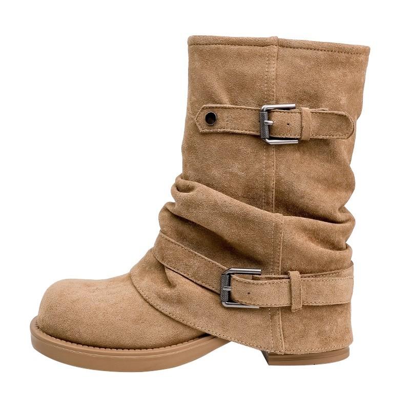 Top layer cowhide~ thick heel pleated pile short boots women's autumn and winter Maillard vintage western trousers Martin boots