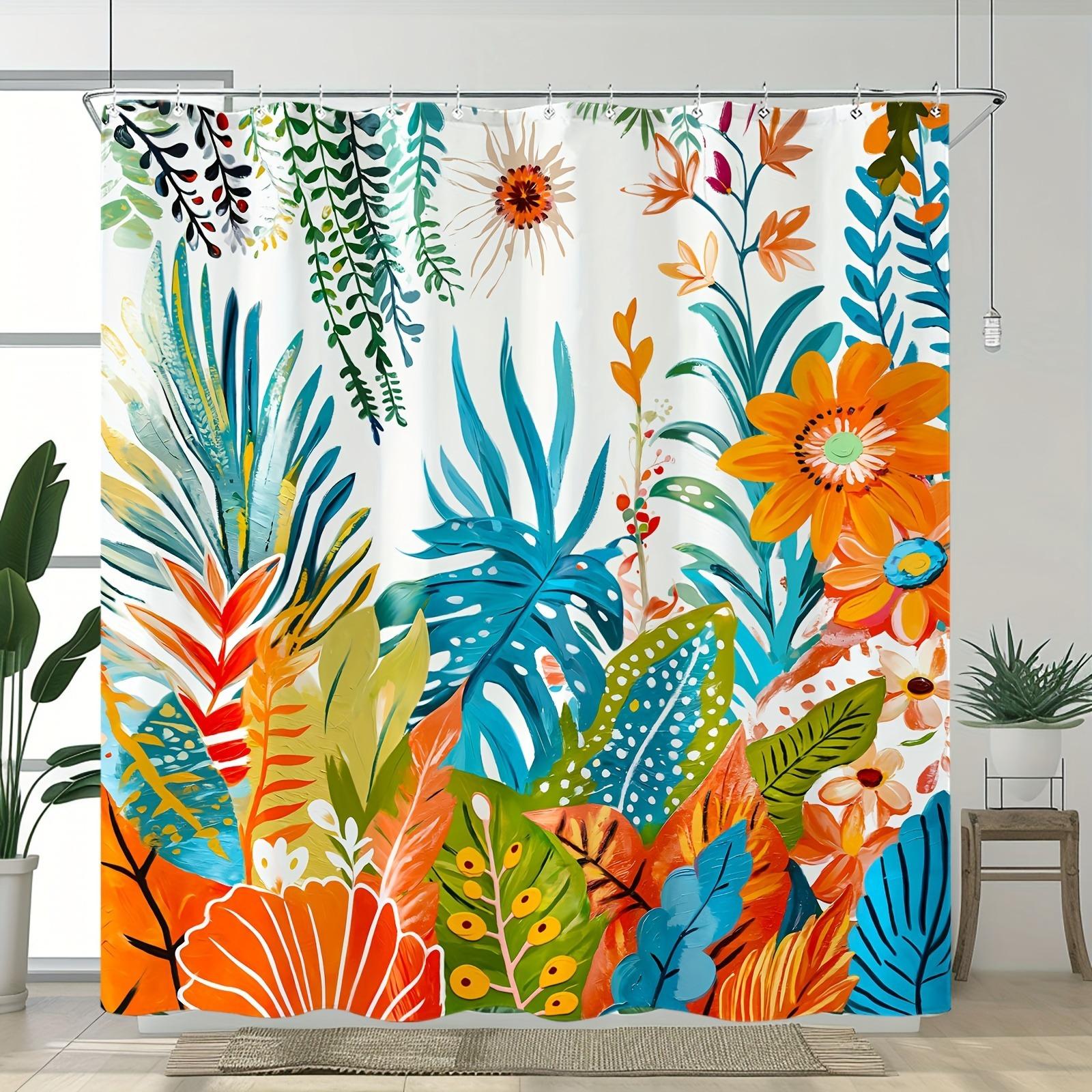 

Colored Flower And Plant Patterns Shower Curtain Washable Dirt-Resistant Shower Head Waterproof Polyester Bath Curtain W60H190(CM)-1 Pcs