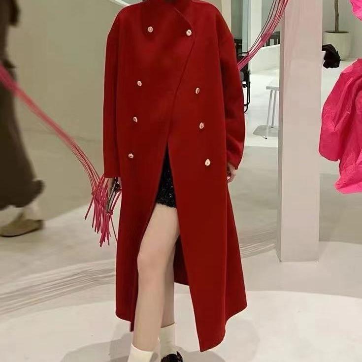 Manteau en laine rouge double face pour femmes Automne et hiver Nouveau design de mode Manteau en laine long populaire