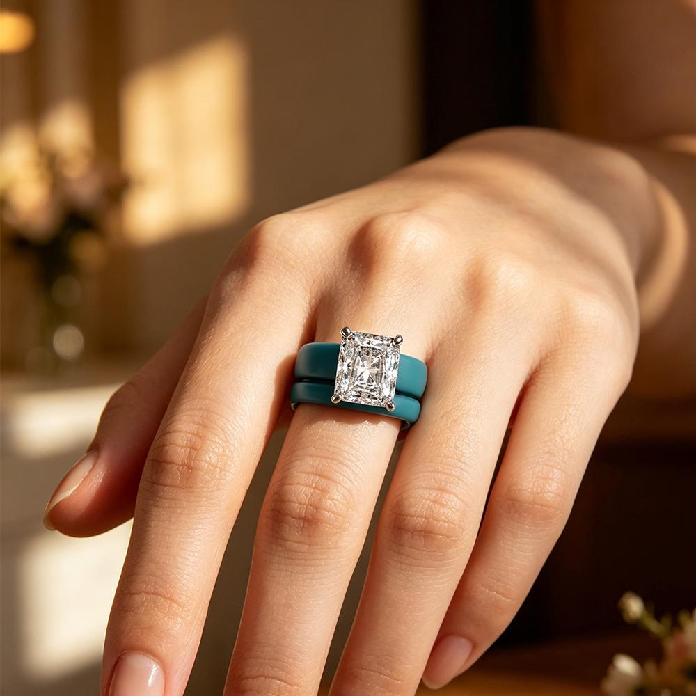Blue green women's silicone double strap CZ ring, emerald cut cubic zirconia engagement wedding ring, beach bride jewelry gift