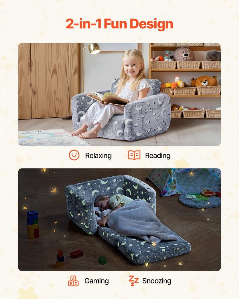 2-in-1 Kids Sofa, Foldable Toddler Soft Couch with Armrests, Glow in the Dark Kids Couch Fold Out with 28D Sponge & Flannel, Convertible Toddler Chair