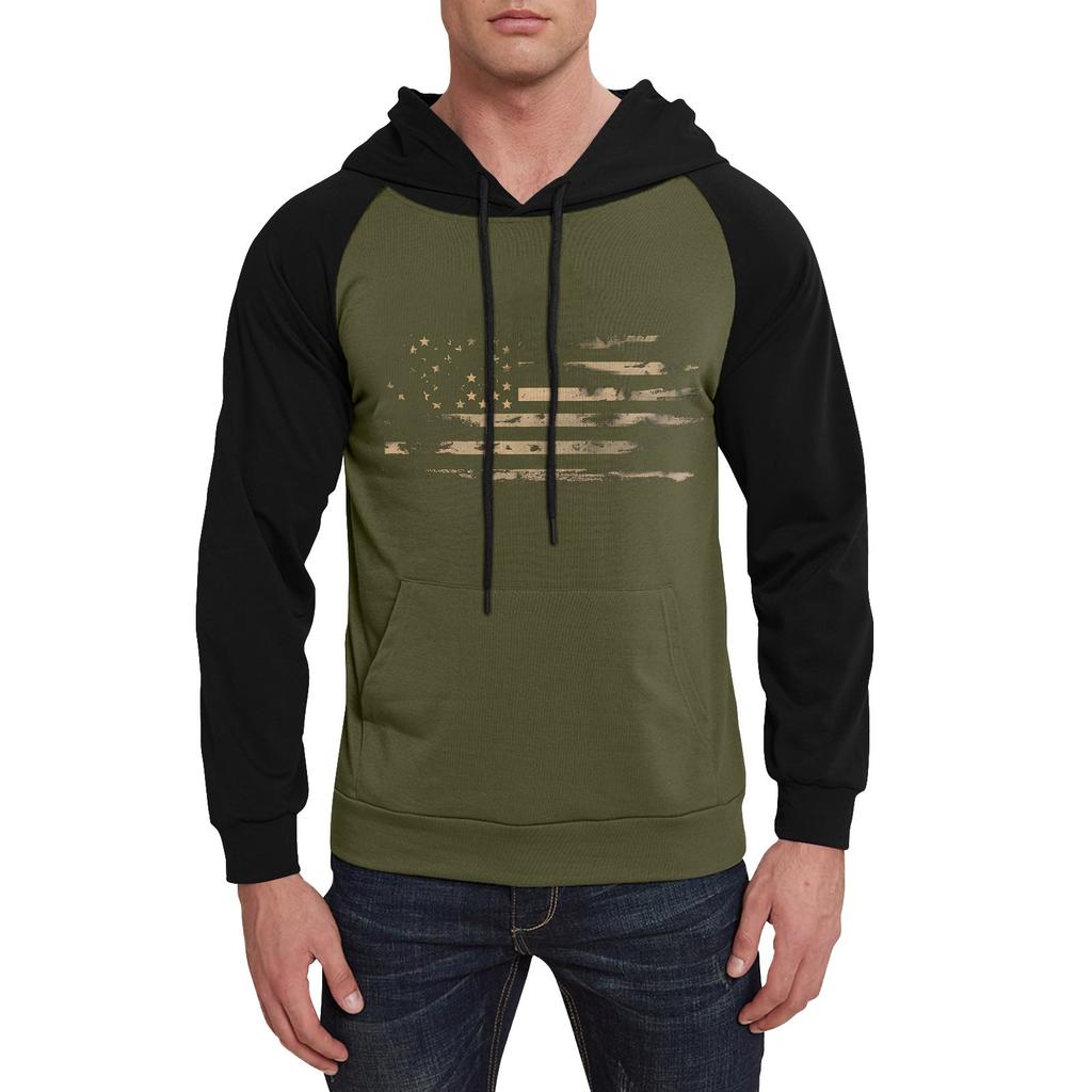 Men's Casual Hooded Drawstring Long Flag Print Sweatshirt With Pockets