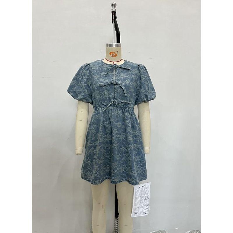 

Western Style New Fashion Casual Loose Print Lace-up Short sleeve Dress Denim Printed Dress Cowboy Blue XL