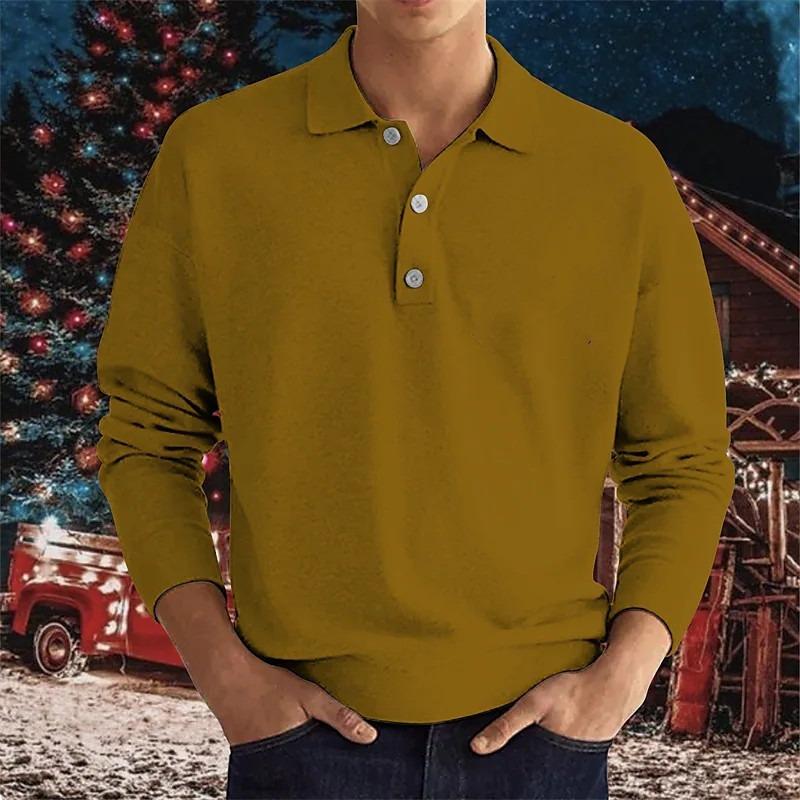 Spring and Autumn Long Sleeve V-Neck Buttons Men's Casual Top Polo Shirt