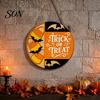Retro Wall Plaque Halloween Trick or Treat Wooden Door Sign, Round Bat Silhouette Sign Hanging for Home Front & Party Decoration Personalized