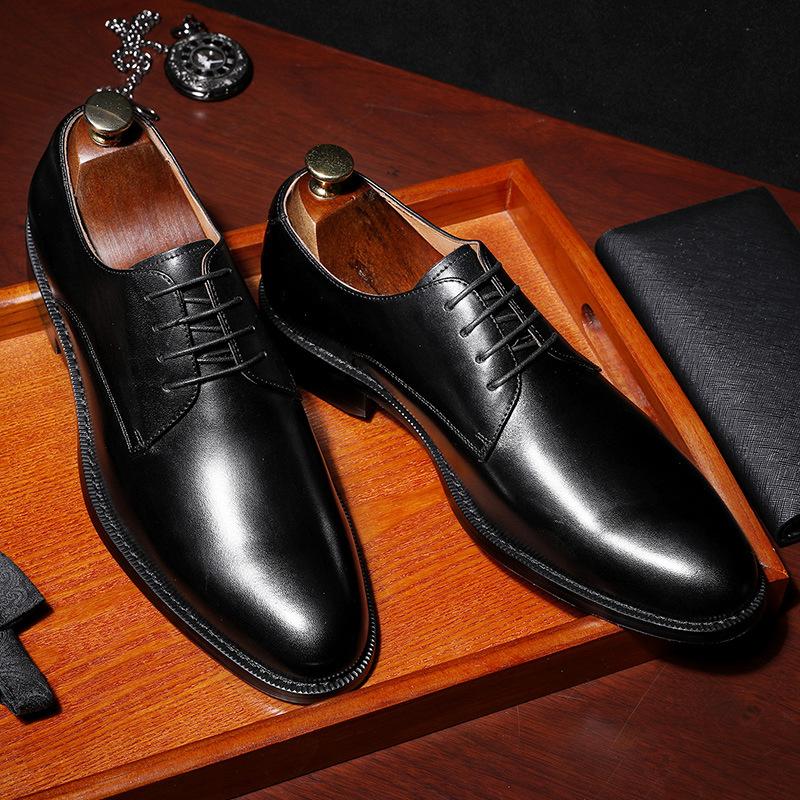 2019 Men'S Shoes Business Elegant Gentleman Shoes Lace-Up Simple Leather Shoes British Style First Layer Cowhide Dress Wedding Shoes