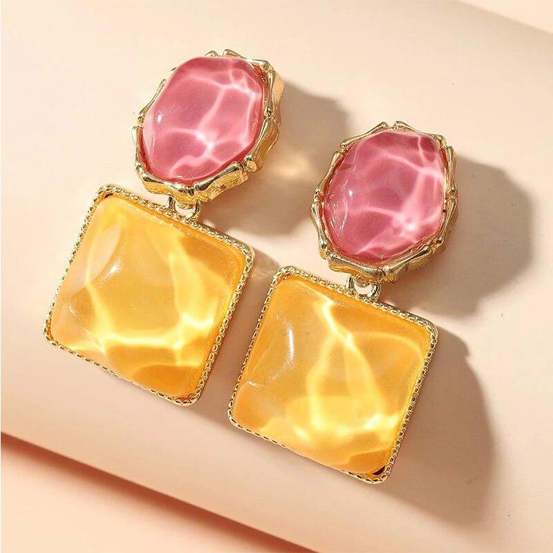

Women Round Square Crystal Stone Drop Earrings Pink Orange Olive Blue Bright Colorful Glass Stone Dangle Earrings Trendy Jewelry