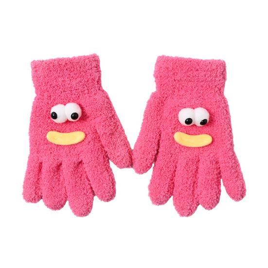 

1 Pair Women Coral Fleece Gloves Cartoon Eyes Sausage Mouths Five-Finger Thermal Gloves Outdoor Cycling Cold Weather Winter Warm Thick Gloves